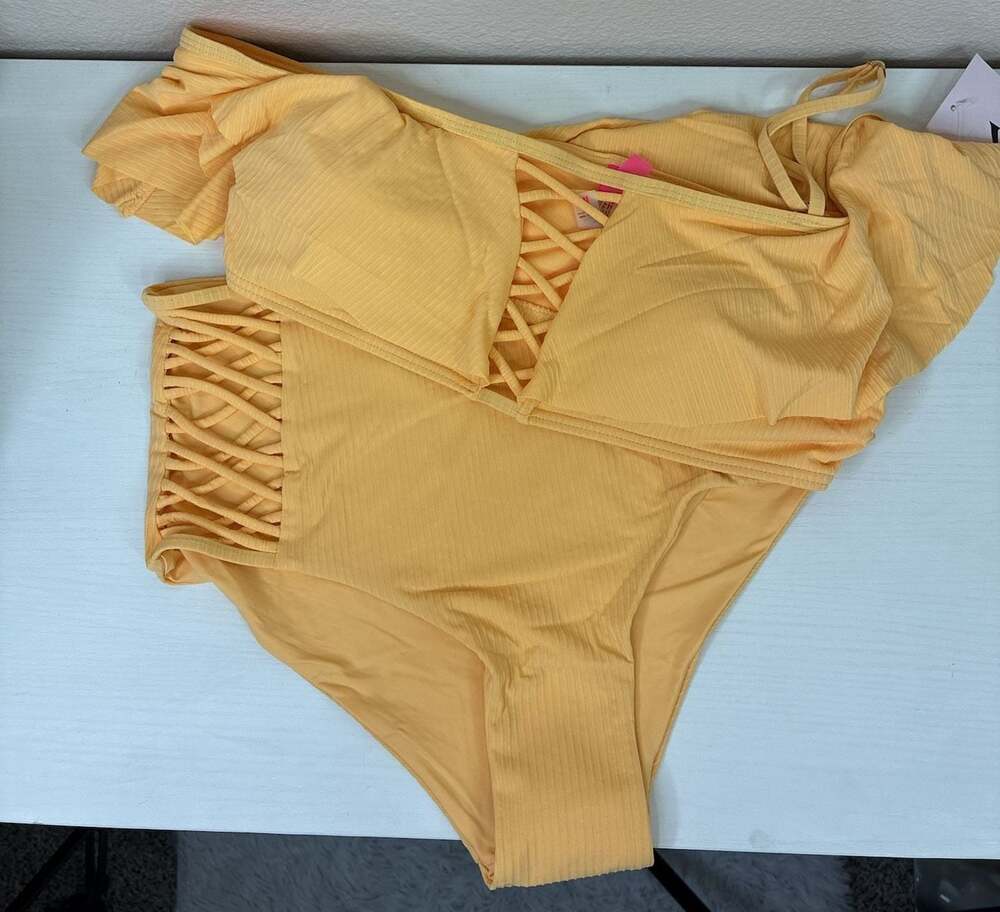 YMI Orange Ribbed High-Waisted Bikini Bottom with Side Strappy Detail Swimsuit